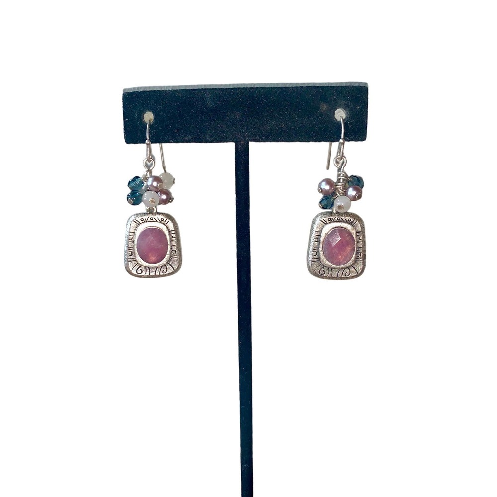 Sterling Silver Amethyst Color Stone Beaded Dangle Fishhook Earrings NWOT